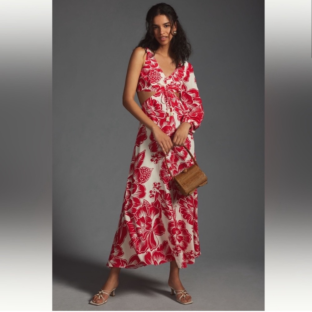 Farm Rio One-Shoulder Dress Red Floral Motif Cut-Out